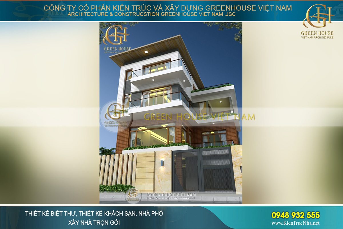 thiết kế biệt thự 4 tầng hiện đại hình chữ L