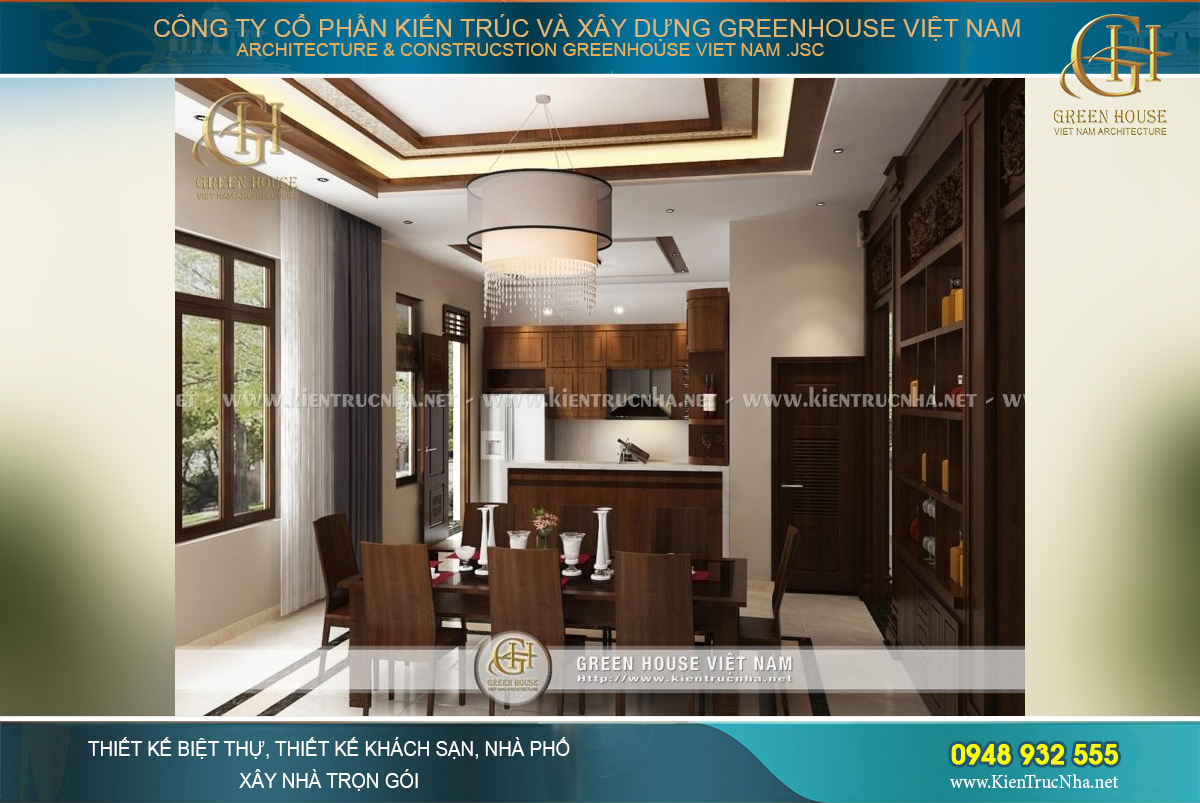 Không gian nội thất phòng khách ấn tượng bởi một không gian sống sang trọng, hiện đại với đồ nội thất sử dụng các chất liệu gỗ. Từ bàn ghế, tường và các vách, khung cửa đều sử dụng vật liệu gỗ với nhiều họa tiết được làm tỉ mỉ và rất đẹp. Bàn ghế sử dụng trong phòng khách được thiết kế thấp cho phép người sử dụng thoải mái hơn, đồng thời tạo không khí cho cuộc nói chuyện thân thiện và vui vẻ hơn.