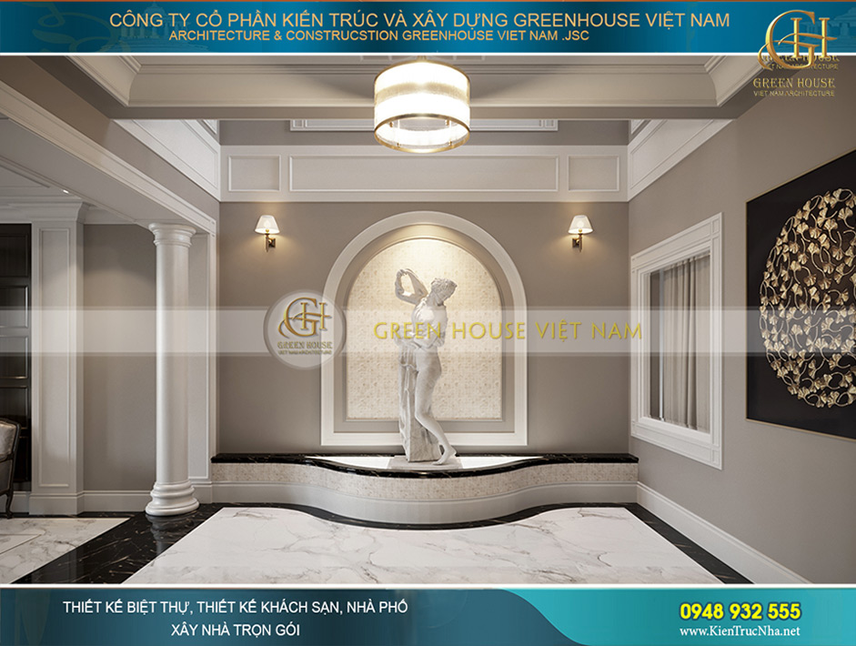 Những bức tượng kiến trúc được dựng lên trong đại sảnh là một kiểu kiến trúc Pháp quen thuộc trong các công trình cổ điển