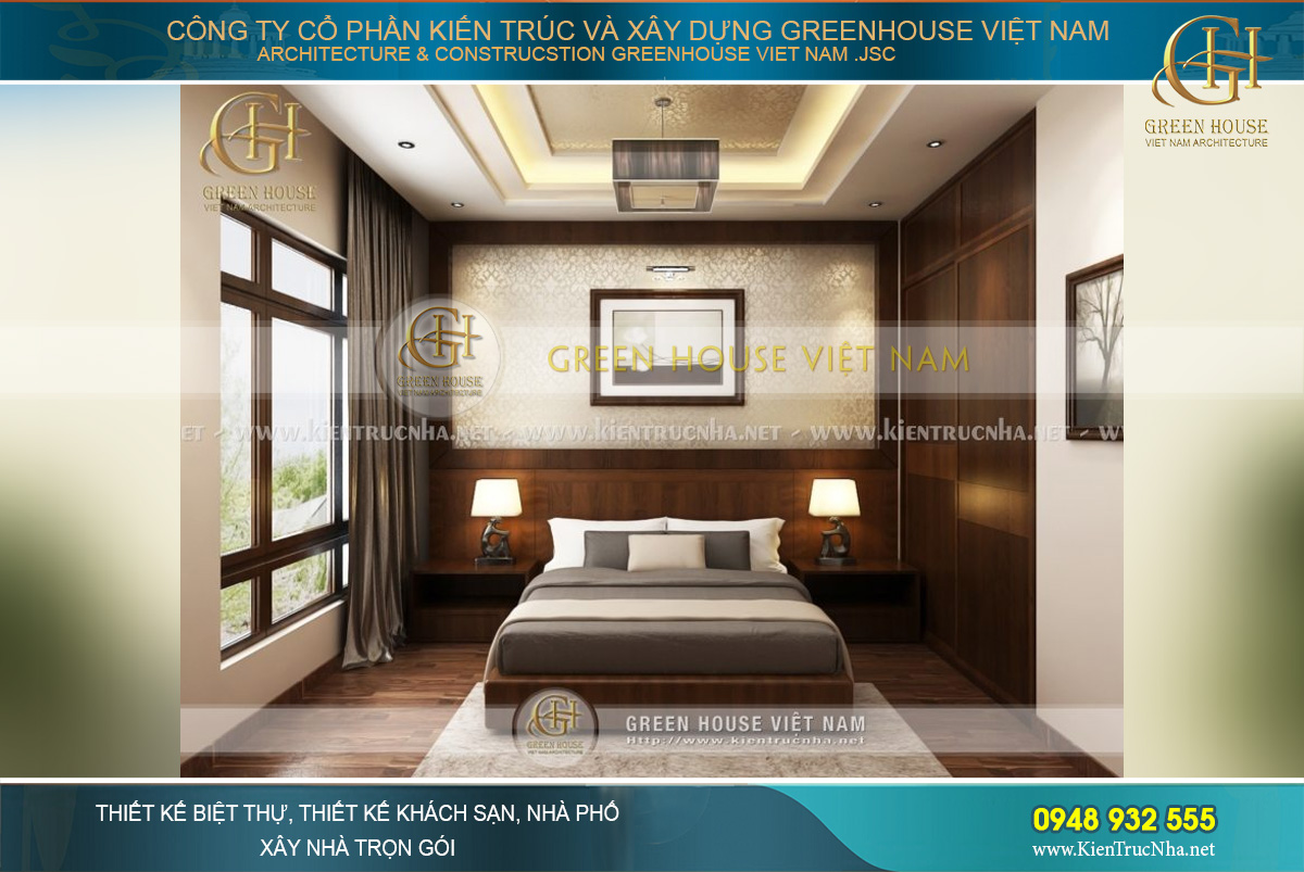 Không gian phòng ngủ chính được thiết kế nghiêm túc, tạo cảm giác chững chạc về chủ nhân căn phòng