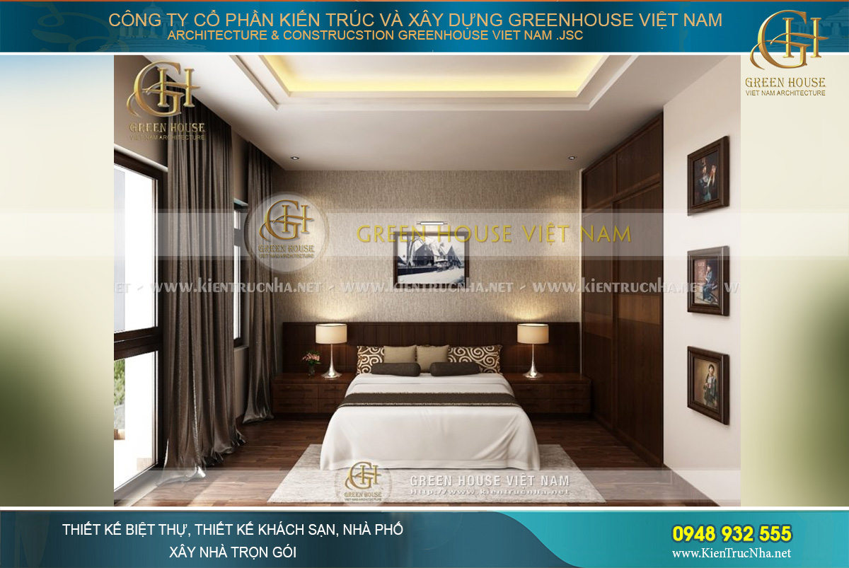 Phòng ngủ có thiết kế cửa sổ và cửa lớn bằng kính cường lực trong suốt điều hòa không khí, mang ánh sáng tự nhiên cho căn phòng ngủ
