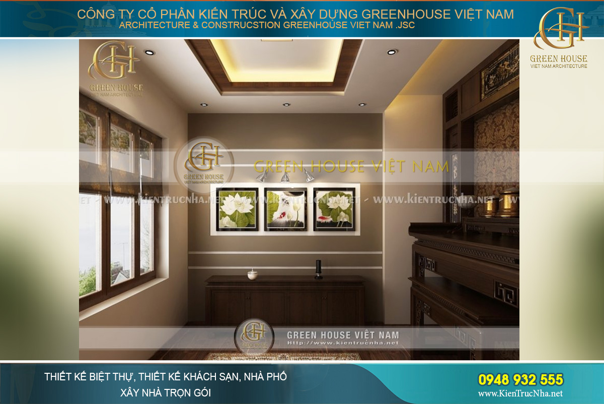 Không gian nội thất phòng thờ được thiết kế trang nhã, thể hiện đúng tính chất linh thiêng của nơi thờ cúng trong gia đình