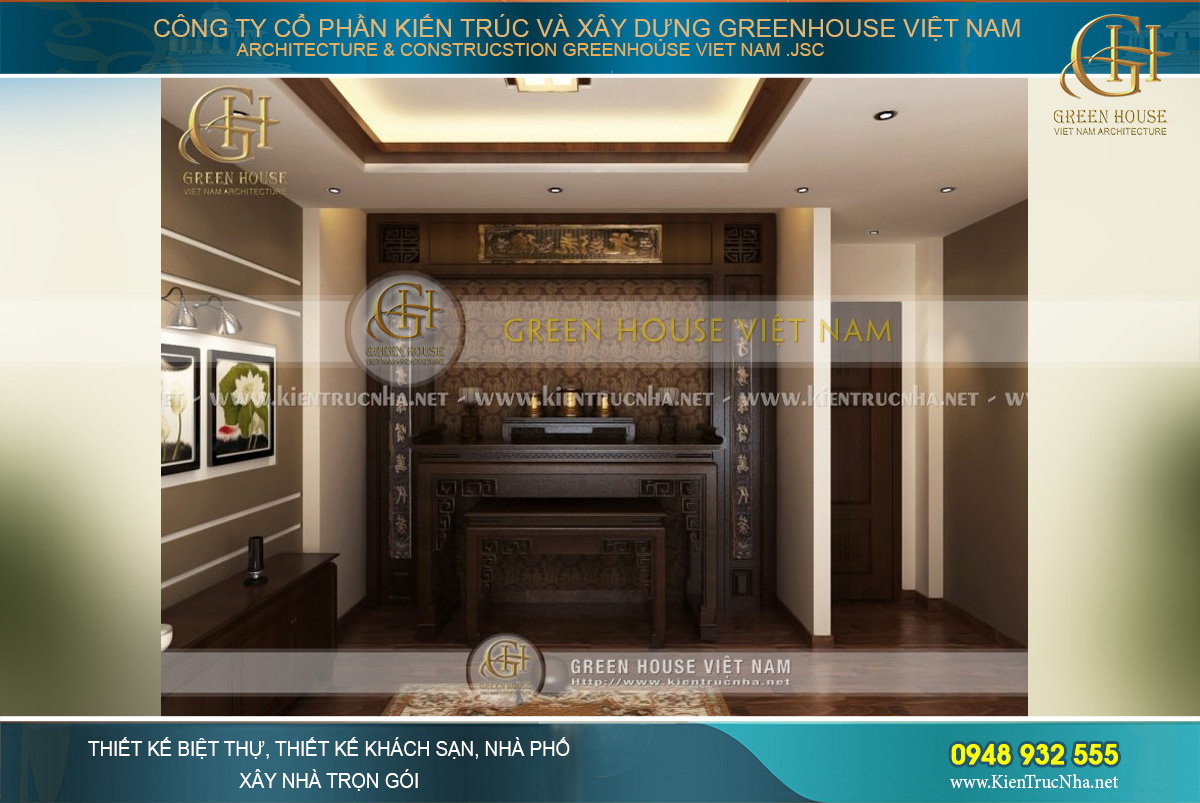 Bàn thờ được tạo hoàn toàn bằng chất liệu gỗ chắc chắn và đẹp mắt, đúng nét văn hóa truyền thống của người Việt