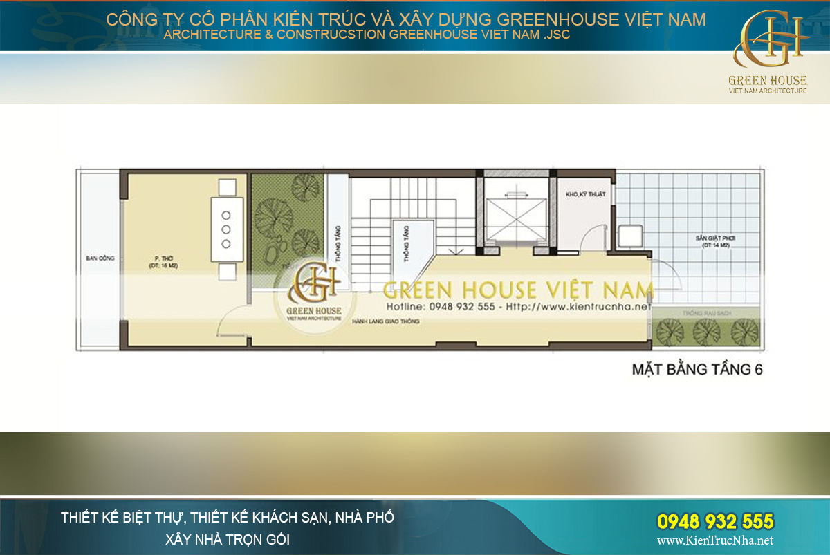 Tầng 6 dành cho phòng thờ, khu vực sân giặt phơi rộng rãi