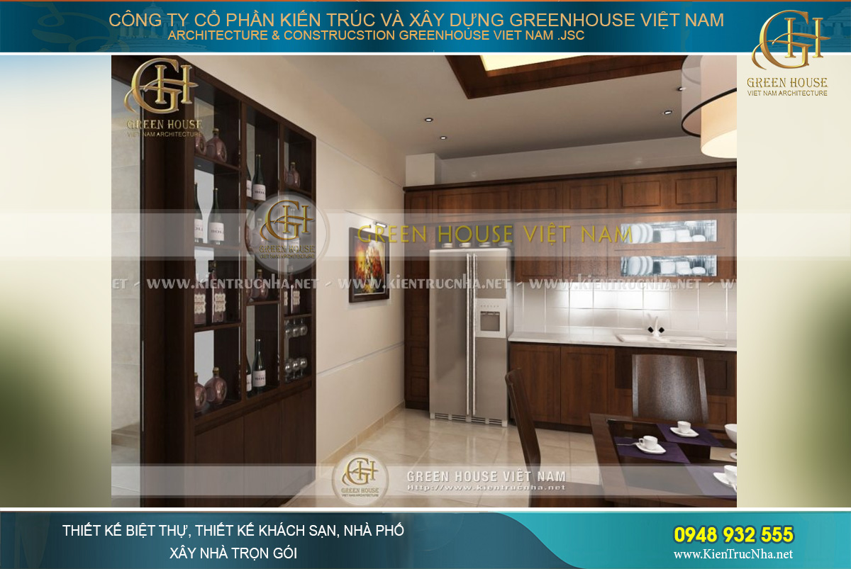 Kệ để rượu được thiết kế khéo léo làm thành vách ngăn phân chia không gian phòng bếp với khu vực phòng khách