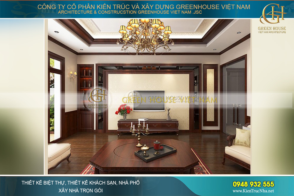 Phòng sinh hoạt chung của gia đình với đày đủ các tiện nghi cùng sự sang trọng và mang chút hơi hướng của phong cách tân cổ điển