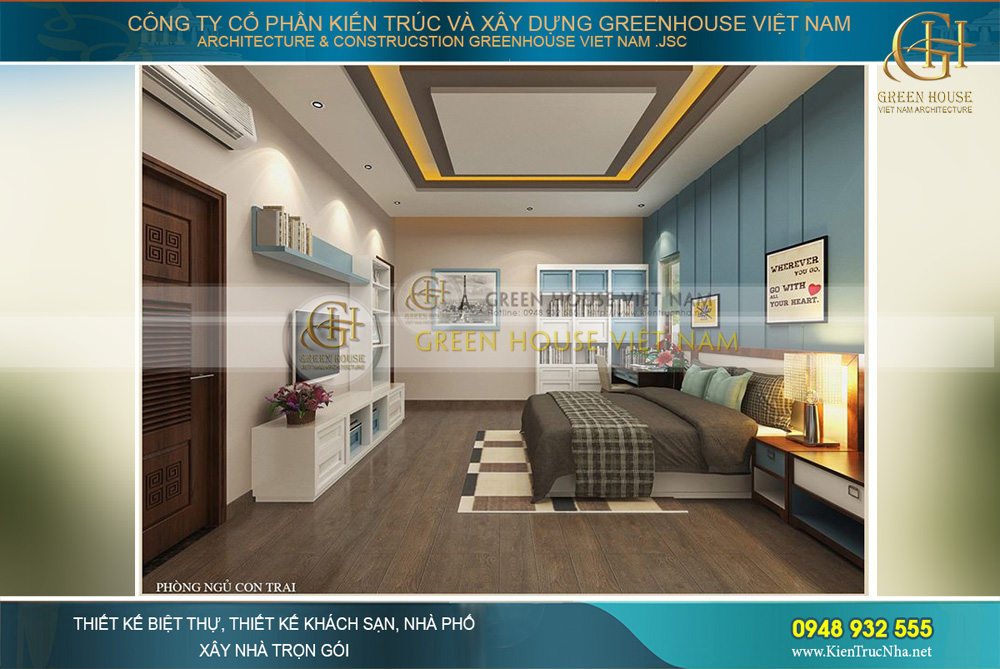 Phòng ngủ của con trai được thiết kế với tông màu xanh đậm cùng những họa tiết mạnh mẽ, khỏe khoắn