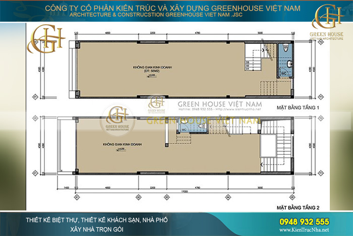 Bản thiết kế mặt bằng tầng 1 và tầng 2 của mẫu nhà phố 6 tầng
