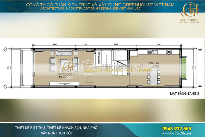 Thiết kế mặt bằng của tầng 3 với phòng khách rộng 28m2 và phòng bếp kết hợp phòng ăn 23m2