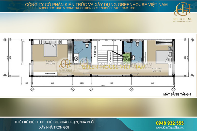 Cấu trúc mặt bằng tầng 4 với 2 phòng ngủ và 2 phòng vệ sinh đầy đủ tiện nghi