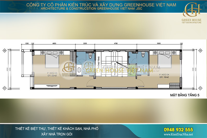 Tầng 5 được bố trí 2 phòng ngủ và 2 phòng vệ sinh tạo sự thuận tiện trong sinh hoạt cho gia đình