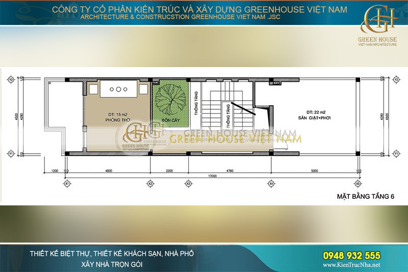 Tầng 6 của tòa nhà được bố trí một phòng thờ với khu vực sân giặt phơi đồ rộng rãi