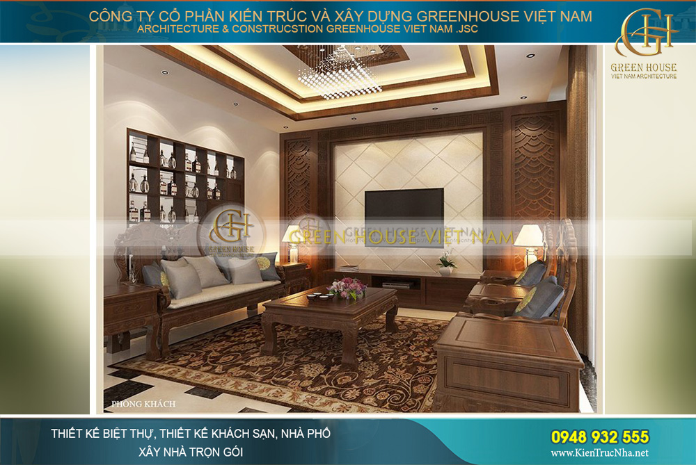 Nội thất phòng khách được thiết kế với tông màu nâu trầm sang trọng của chất liệu gỗ