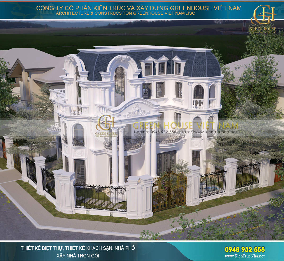 Mẫu thiết kế biệt thự cổ điển Pháp với hệ mái mansard đẹp đẳng cấp, mạnh mẽ và bề thế