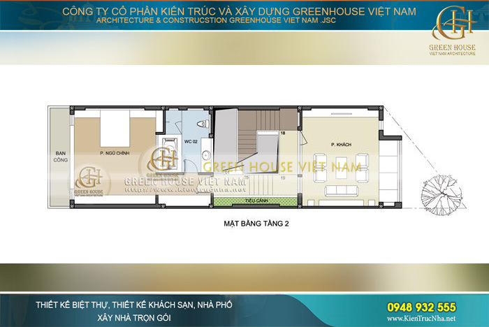 Mặt bằng tầng 2 là không gian sinh hoạt chính của gia đình với phòng khách, phòng ngủ chính kết hợp khu vực ban công có tiểu cảnh cây xanh trang trí