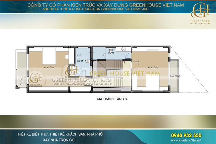 Tầng 3 là hai phòng ngủ nhỏ, mỗi phòng ngủ đều có thiết kế nhà vệ sinh riêng phục vụ nhu cầu sử dụng cá nhân của các thành viên trong gia đình