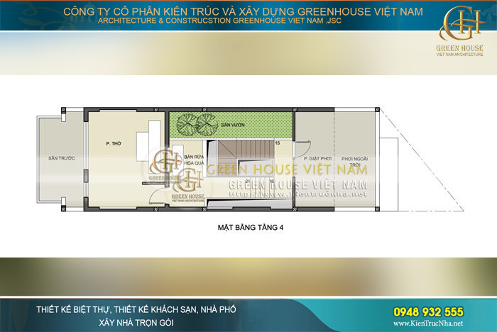 Tầng 4 là phòng thờ, phòng giặt phơi, khu vực sân thượng ngoài trời có tiểu cảnh sân vườn