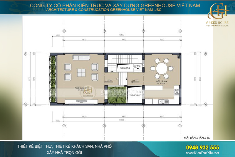 Tầng 2 được ngăn đôi cho diện tích phòng khách và phòng bếp + phòng ăn