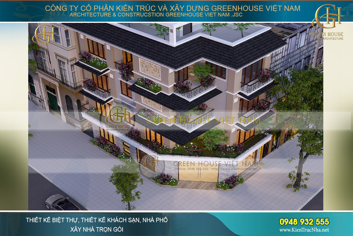 Từ trên cao nhìn xuống, ngôi nhà phố đầy nguy nga, bề thế, nổi bật giữa khu phố ồn ào, hào nhoáng