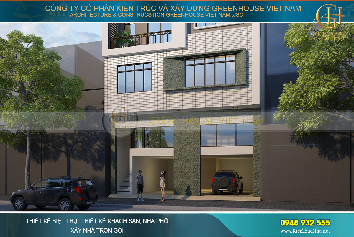 Tầng 1 của nhà phố 5 tầng được thiết kế độc đáo với 2 phần riêng biệt kết nối bằng cầu thang bộ