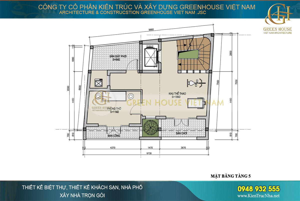 Thiết kế mặt bằng công năng của tầng 5 nhà phố hiện đại mặt tiền 7,5m