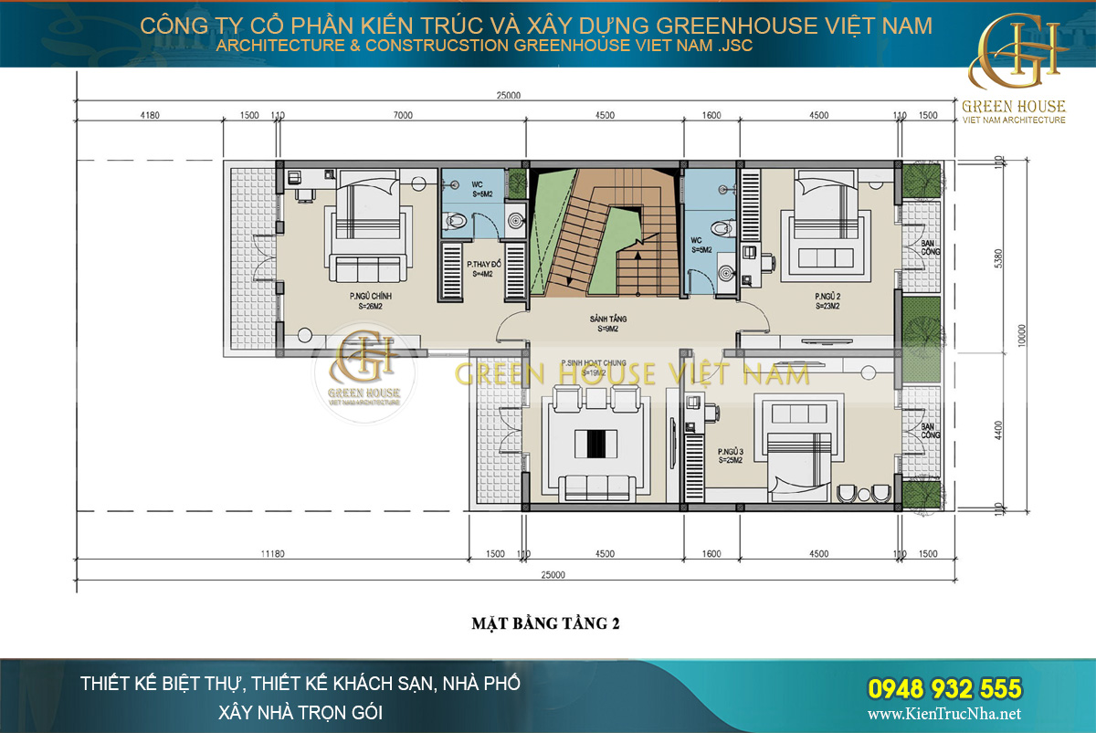Bố trí công năng tầng 2 của nhà phố 3 tầng mặt tiền 10m