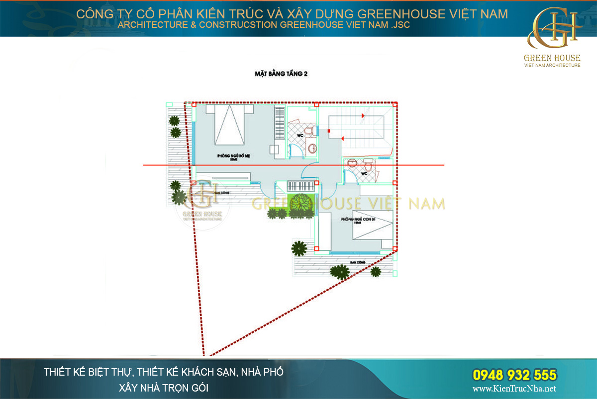 Bản vẽ chi tiết phương án bố trí, phân chia diện tích phòng ngủ cho bố mẹ và con trên tầng 2 nhà phố hiện đại mặt tiền 8m