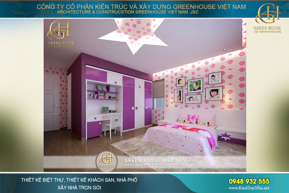 Thiết kế không gian phòng ngủ màu hồng tím cho con gái