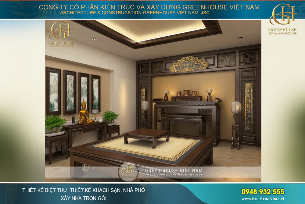 Bàn thờ và phản ngồi được gia chủ yêu cầu thiết kế riêng để đảm bảo chất lượng khi sử dụng