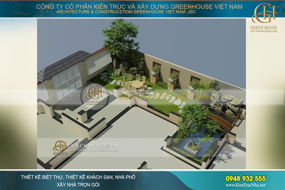Phối cảnh của toàn bộ khu vực sân vườn, hồ nước và cả một cầu nhỏ đẹp tinh tế dẫn vào biệt thự