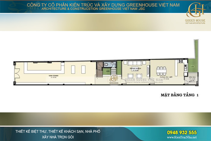 Mặt bằng tầng 1 với diện tích lớn dành cho khu vực kinh doanh, không gian phía sau nhà được sử dụng làm không gian sinh hoạt chung của gia đình