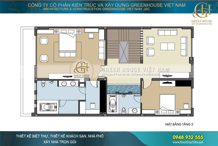 Tầng 2 với 1 phòng sinh hoạt chung, phòng ngủ chính lớn chiếm gần nửa diện tích mặt bằng tầng này với phòng tắm sang trọng với bể sục thư giãn. Một bể cảnh được đặt đối diện với cầu thang tạo thẫm mỹ cho khu hành lang