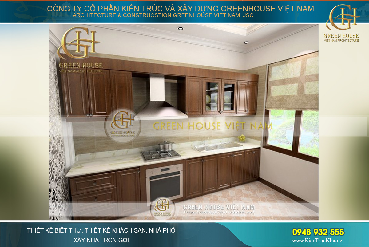 Kiến trúc phòng bếp với nội thất tủ kệ cao cấp, được thiết kế hoàn toàn từ gỗ