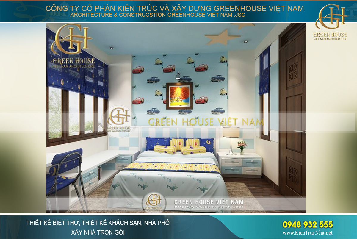 Phòng ngủ với những hình vẽ ngộ nghĩnh cho cậu con trai của anh Kiên