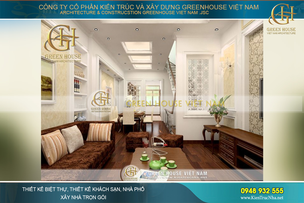 Phòng khách chính được thiết kế sang trọng tại tầng 2 là sự tương phản giữa các đồ nội thất với tông màu trầm cũng không gian sáng từ ánh sáng và hệ tường của ngôi nhà