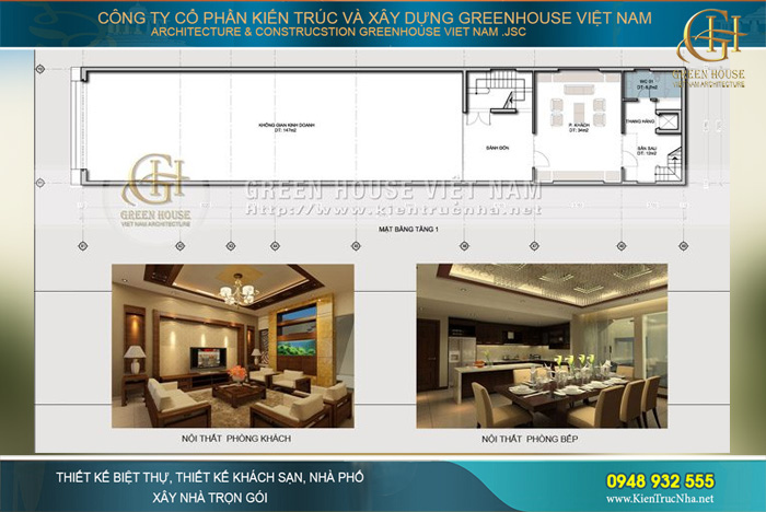 Tầng 1 được dành để kinh doanh cùng khu vực phòng khách và phòng bếp