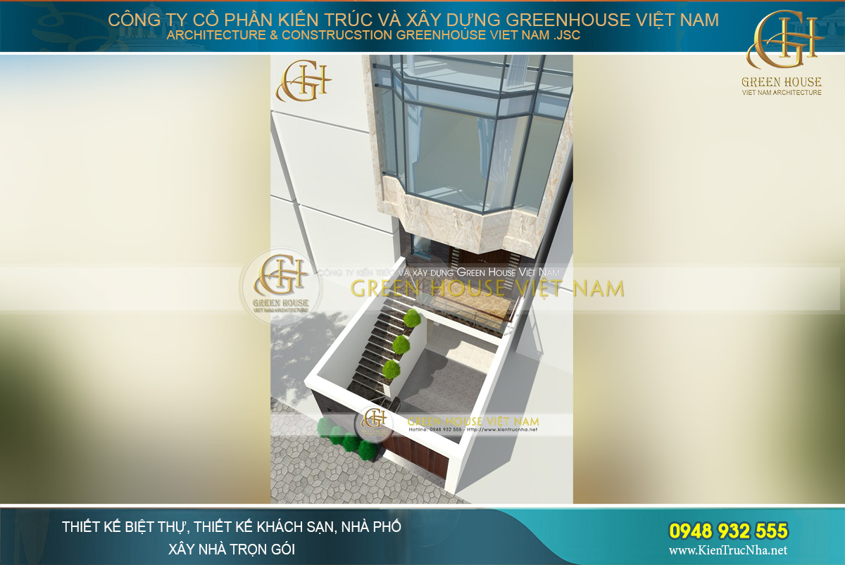 Mặt tiền của ngôi nhà 8 tầng tại Bắc Ninh với tầng hầm phục vụ cho chỗ để xe của mọi người