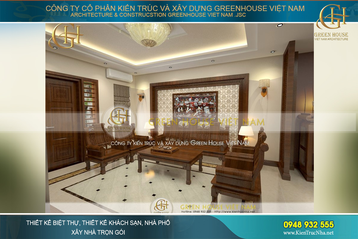 Toàn bộ vật dụng nội thất của phòng khách đều được thiết kế và lựa chọn từ chất liệu gỗ thượng hạng