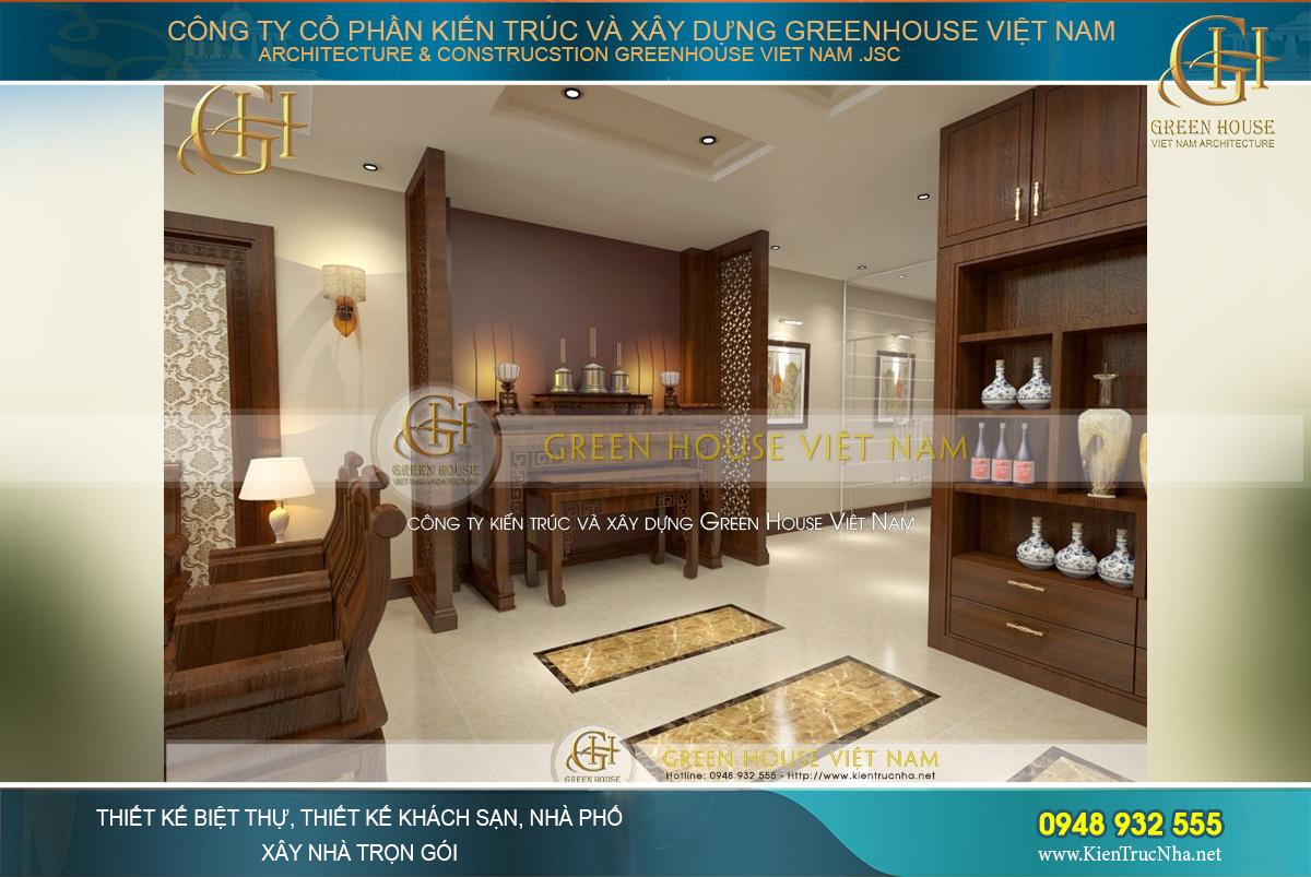 Thiết kế bàn thờ được đặt tại chính giữa không gian phòng khách theo yếu tố phong thủy của chủ đầu tư