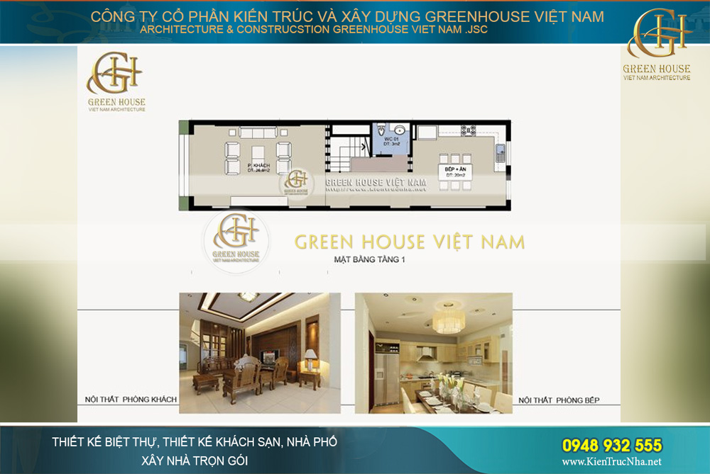Không gian mặt bằng tầng 1 với phòng khách và phòng bếp tiện nghi