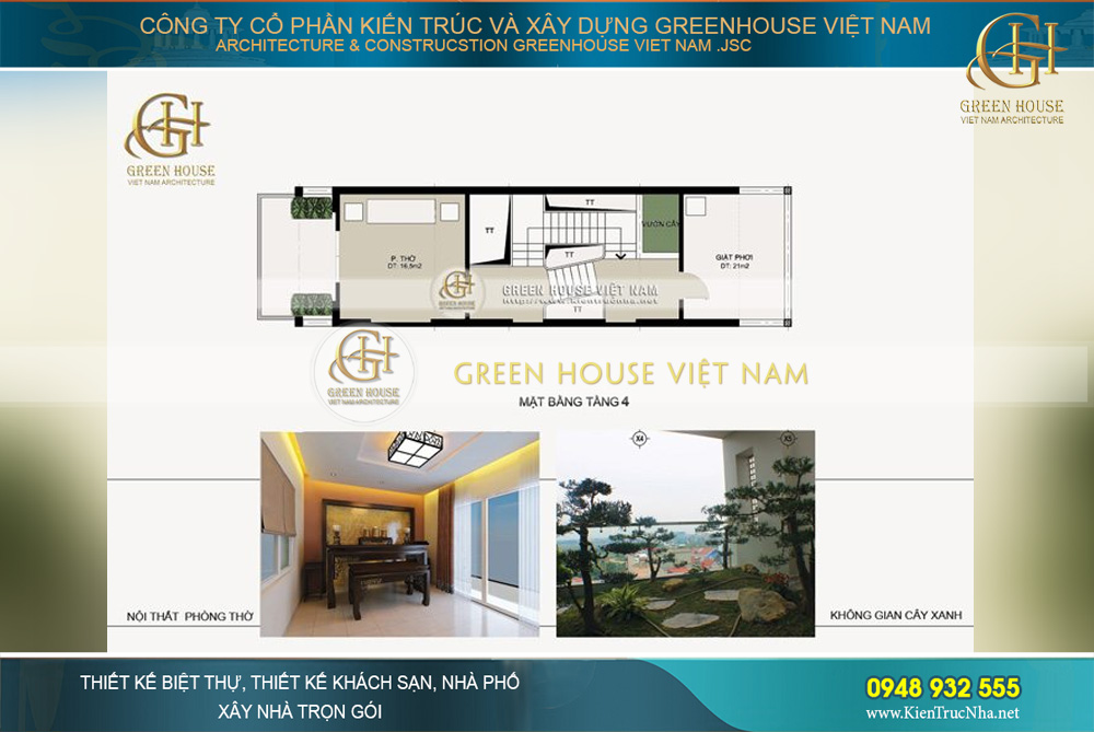 Không gian cây xanh được thiết kế khéo léo tại tầng 4, tạo vẻ đẹp hài hòa cho công trình nhà phố