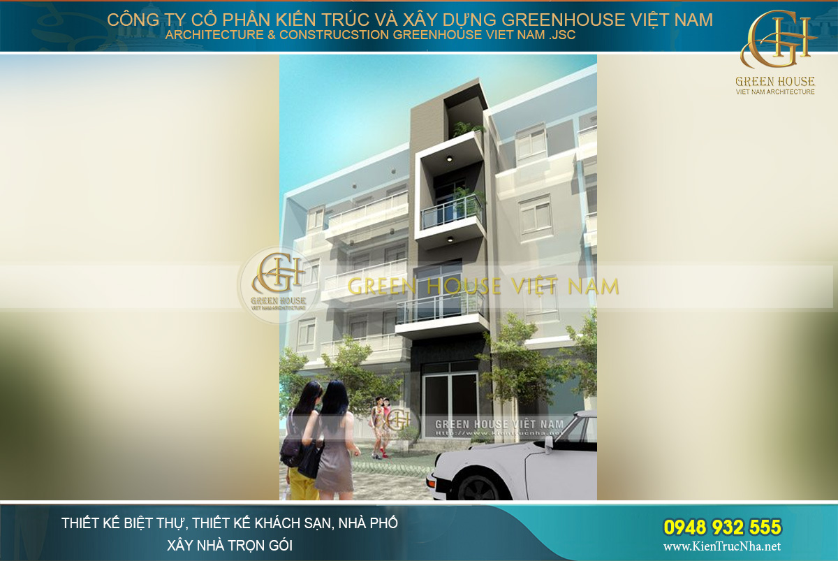 Tổng quan kiến trúc mặt tiền của ngôi nhà ống 4 tầng với đường nét thiết kế thời thượng và hiện đại