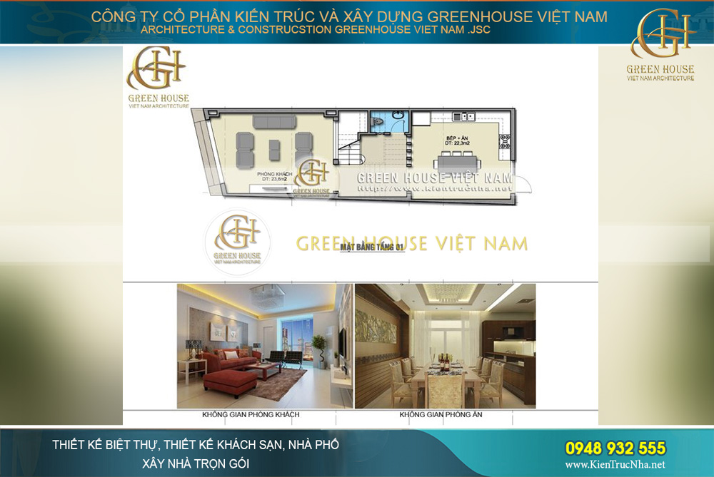 Thiết kế diện tích phòng khách và phòng bếp được cân đối một cách hợp lý nhất, đảm bảo đầy đủ công năng sinh hoạt