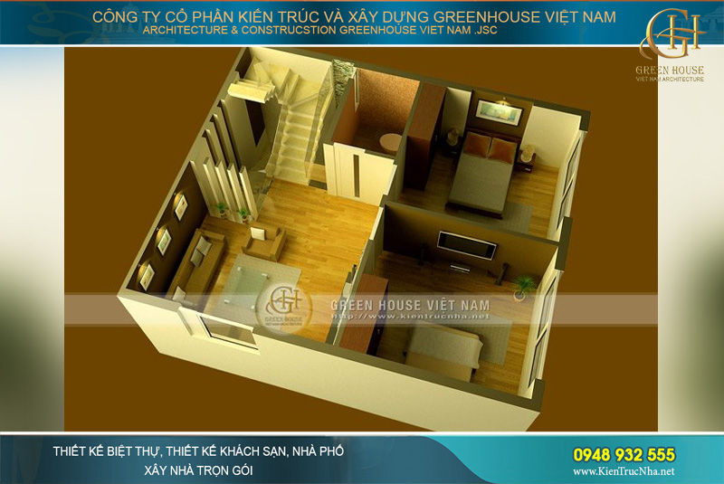Tầng 2 là mặt bằng dành cho không gian 2 phòng ngủ cùng khu vực phòng sinh hoạt chung của gia đình