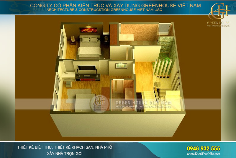 2 phòng ngủ lớn với nhà tắm khép kín được thiết kế ở tầng 3, không gian còn lại được bố trí khu tiểu cảnh, cây xanh tạo nét thư thái cho không gian này