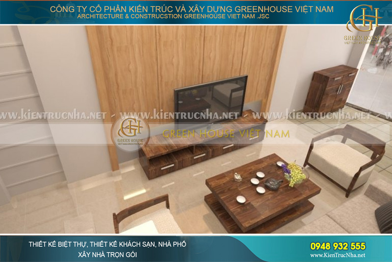 Khu vực phòng khách được đặt ngay tại tầng 1, thiết kế thông thoáng, tạo không gian đón tiếp khách tốt nhất