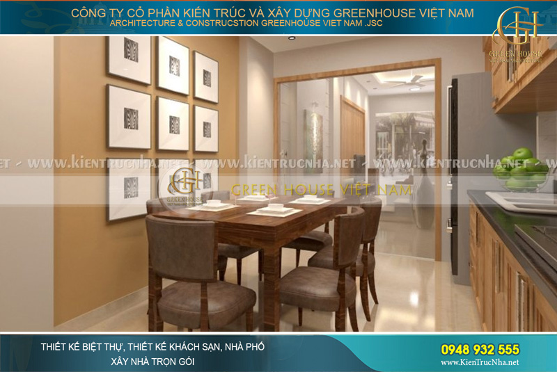 Khu vực phòng bếp được ngăn cách với phòng khách bằng cửa kính lớn trong suốt, thiết kế này phù hợp với các gia đình sử dụng điều hòa trong không gian phòng kín