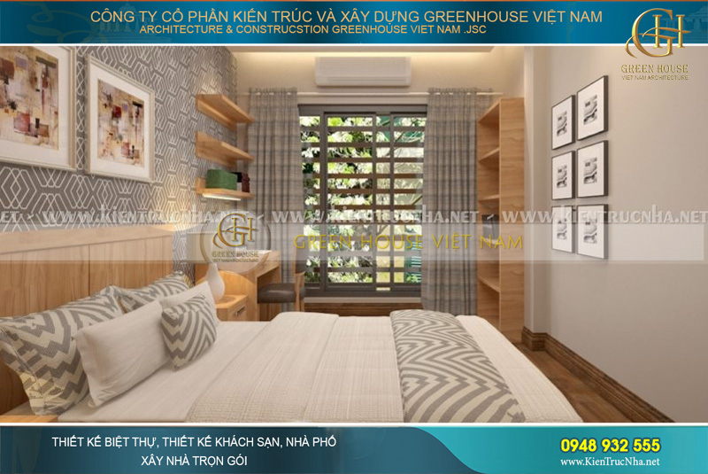 Thiết kế cửa sổ bằng kính lớn giúp phòng ngủ thông thoáng, đồng thời dạng đóng mở chân kéo sẽ thuận tiện cho những phòng ngủ lắp đặt điều hòa