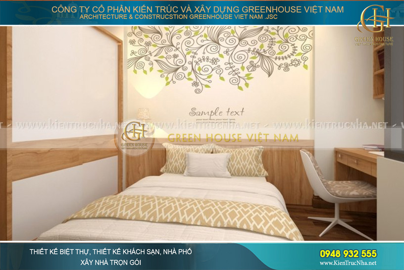 Thiết kế phòng ngủ với họa tiết trang trí nhẹ nhàng, đầy tinh tế và có sự hài hòa với nội thất chung của ngôi nhà