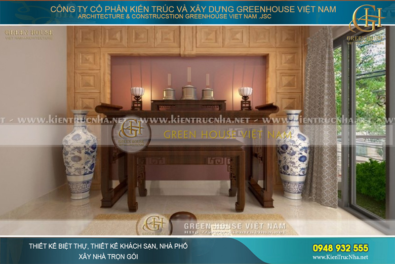 Không gian nội thất phòng thờ được thiết kế trang nhã, thể hiện đúng tính chất linh thiêng của nơi thờ cúng trong gia đình